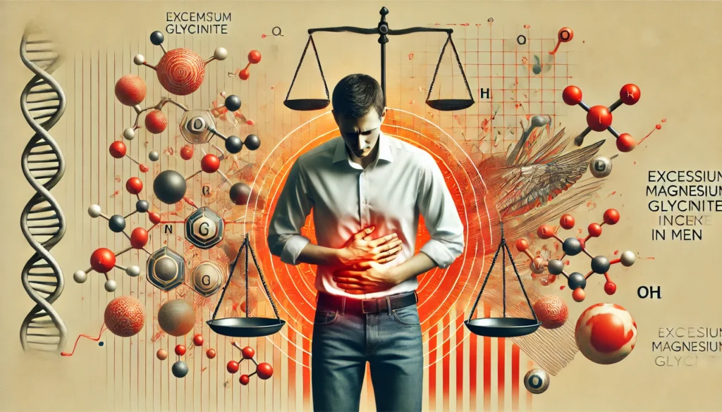 A conceptual digital illustration showing a man clutching his stomach in mild discomfort, symbolizing potential side effects of excessive magnesium glycinate intake. The background includes imbalanced scales and molecular structures in cautionary orange and red hues.