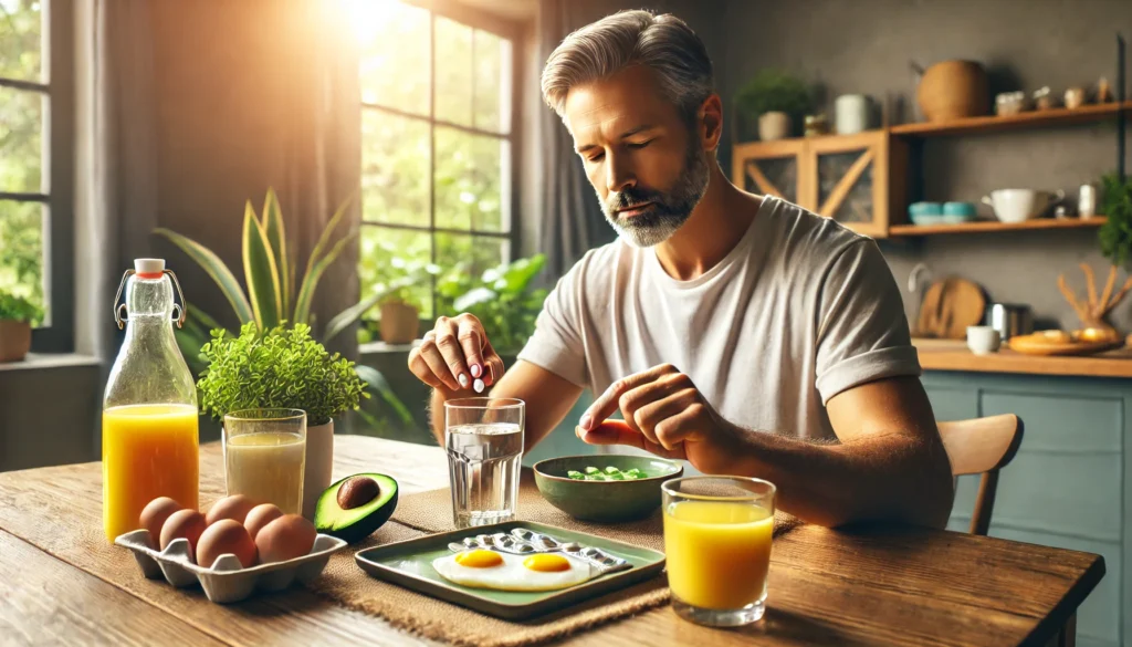 A middle-aged man sitting at a breakfast table, taking a multivitamin with a glass of water, alongside a healthy meal including eggs, avocado, and fresh juice, promoting a balanced lifestyle.