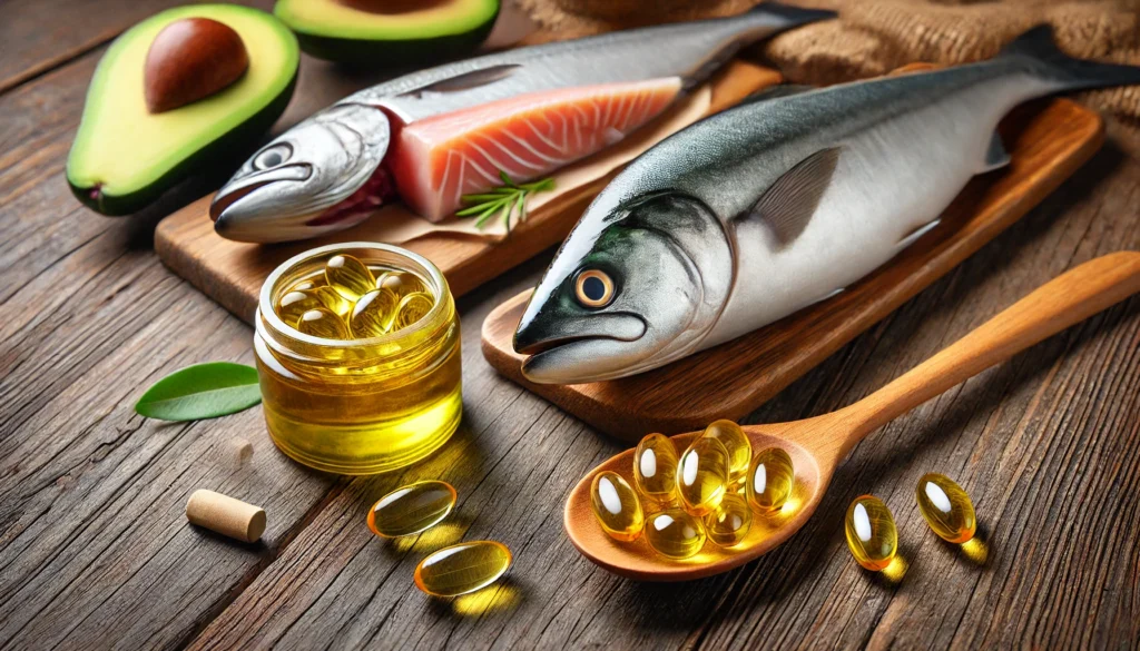 A wooden spoon filled with golden fish oil placed next to omega-3 softgel capsules on a rustic wooden table, with fresh fish and avocado slices, highlighting natural sources of omega-3 for men's well-being.