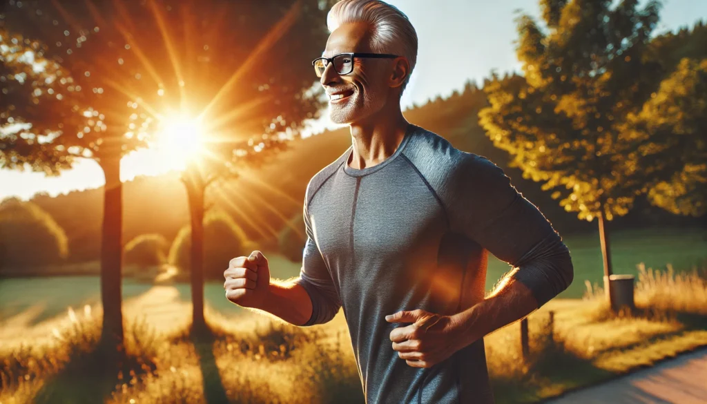 A high-energy lifestyle image of a fit and active senior man jogging in a scenic park at sunrise, radiating vitality and strength, symbolizing the benefits of proper nutrition and supplementation.