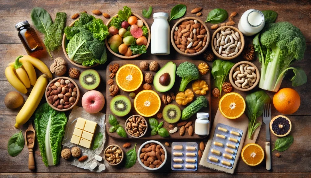 A beautifully arranged wooden table showcasing a variety of vitamin-rich foods such as leafy greens, citrus fruits, nuts, dairy, and lean proteins, with supplement bottles and capsules subtly placed among them to highlight the balance between diet and supplementation for women’s health over 40.