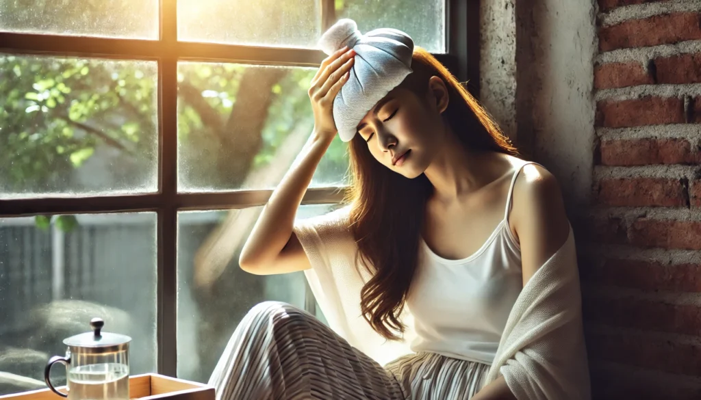  A woman sitting by an open window, placing a cold compress on her forehead, appearing relieved as sunlight filters into the room, highlighting self-care remedies for hot flashes.