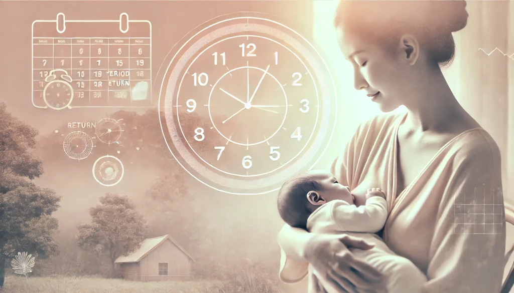 A serene mother breastfeeding her newborn, with a faded overlay of a clock and menstrual calendar symbolizing delayed periods.