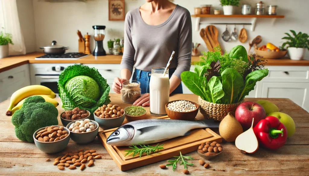 A nutrition-focused scene with a variety of perimenopause-friendly foods on a wooden kitchen countertop, featuring a woman preparing a healthy smoothie.