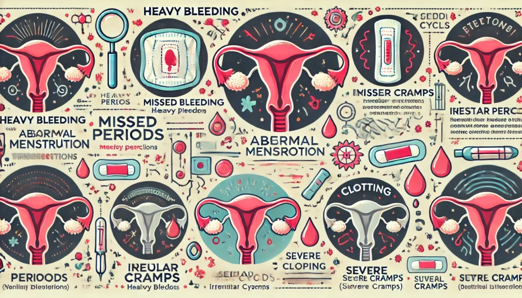 "Medical infographic-style image showcasing signs of abnormal menstruation, featuring visual elements such as menstrual pads, tampons, blood droplets, and uterus illustrations. Depicts symptoms like heavy bleeding, missed periods, irregular cycles, severe cramps, and clotting in a professional, informative design."