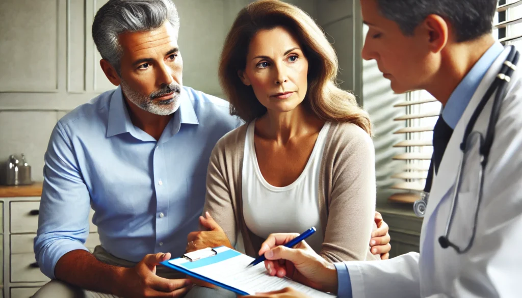  A mature couple in their late 40s or early 50s sits together in a doctor's office. The woman appears concerned while a doctor explains using a medical chart. The man listens attentively, showing support. The setting represents discussions on perimenopause, pregnancy risks, and reproductive health.