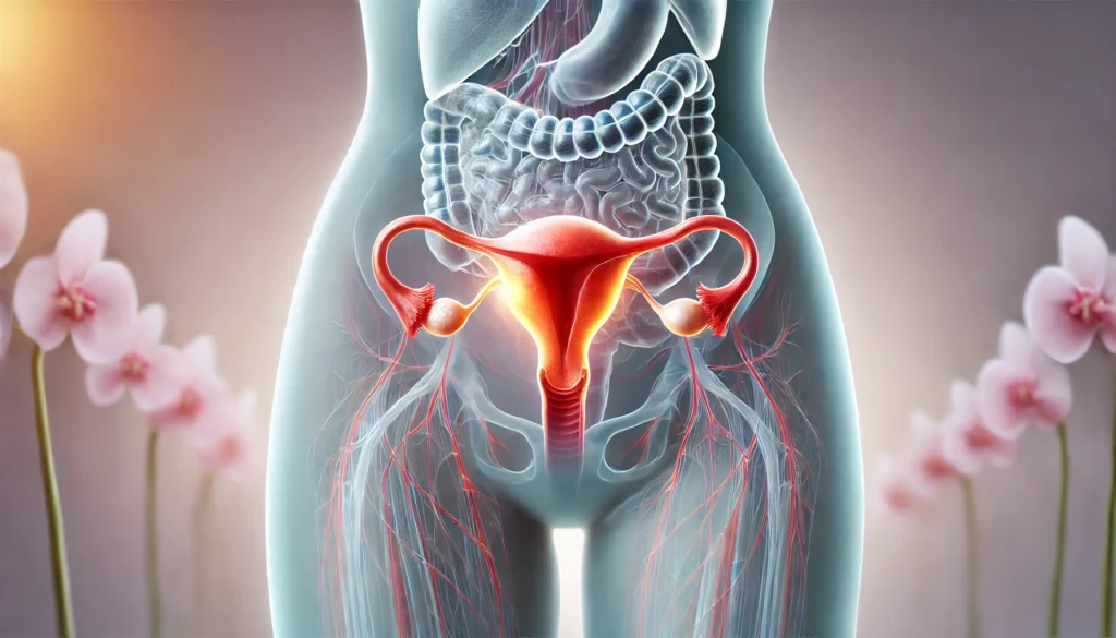  A realistic anatomical illustration of a woman’s lower abdomen with a semi-transparent overlay, revealing the internal reproductive system. One ovary is highlighted with a reddish glow, indicating inflammation and discomfort. The background is soft and neutral, creating a medical and informative atmosphere.