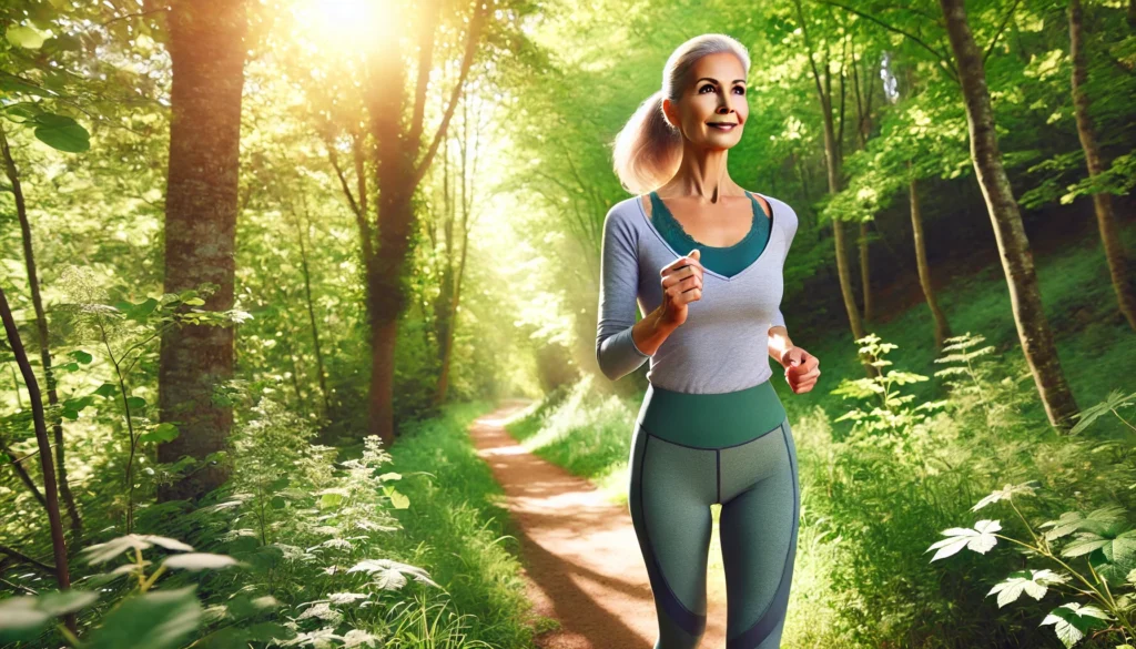 A vibrant outdoor setting featuring a woman over 50 jogging along a scenic trail, surrounded by lush greenery and soft sunlight filtering through the trees, creating a refreshing and motivating ambiance.