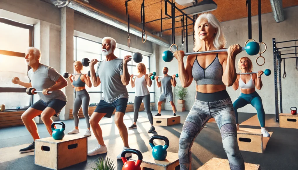 A group of fit seniors in their 60s and 70s participating in a strength training class using barbells and kettlebells in a modern fitness studio. The energetic atmosphere highlights camaraderie and the importance of maintaining muscle mass through group workouts.