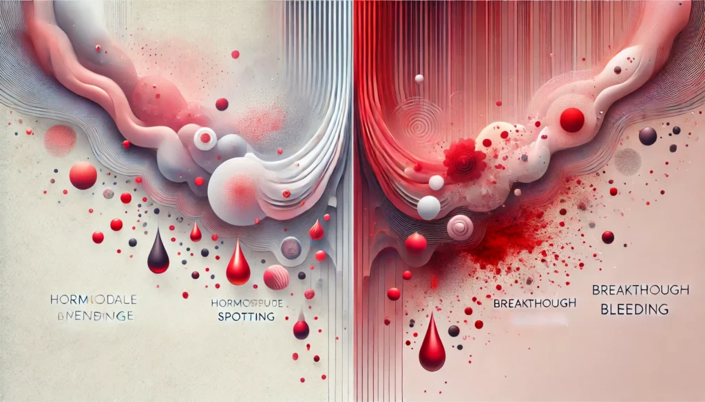 "Artistic medical-themed illustration showing the difference between perimenopause spotting and breakthrough bleeding. The left side features a soft, peach-toned uterus with tiny, controlled red droplets, while the right side darkens into deep red hues with chaotic, irregular splashes indicating heavier bleeding."