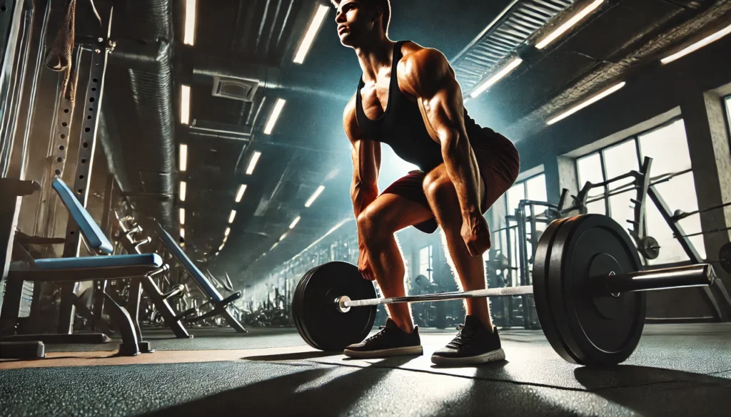 A man performing a deadlift in a gym, showcasing proper lifting technique and muscle engagement. The dramatic lighting enhances the definition of his muscles, and the gym environment is modern and well-equipped.