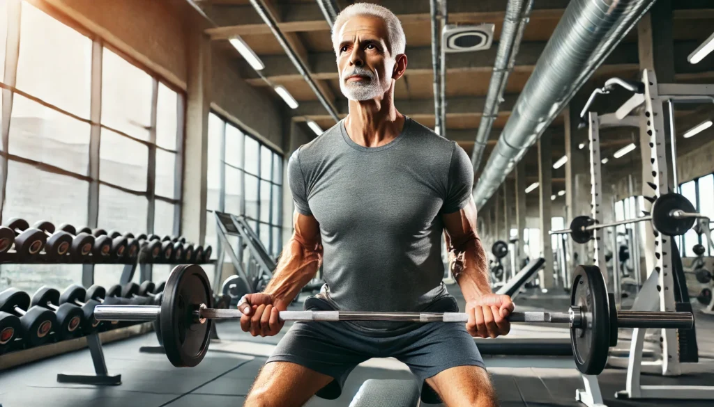 An older man in his 50s performing a controlled weightlifting exercise in a well-lit gym, demonstrating the significance of maintaining muscle mass for longevity and health.