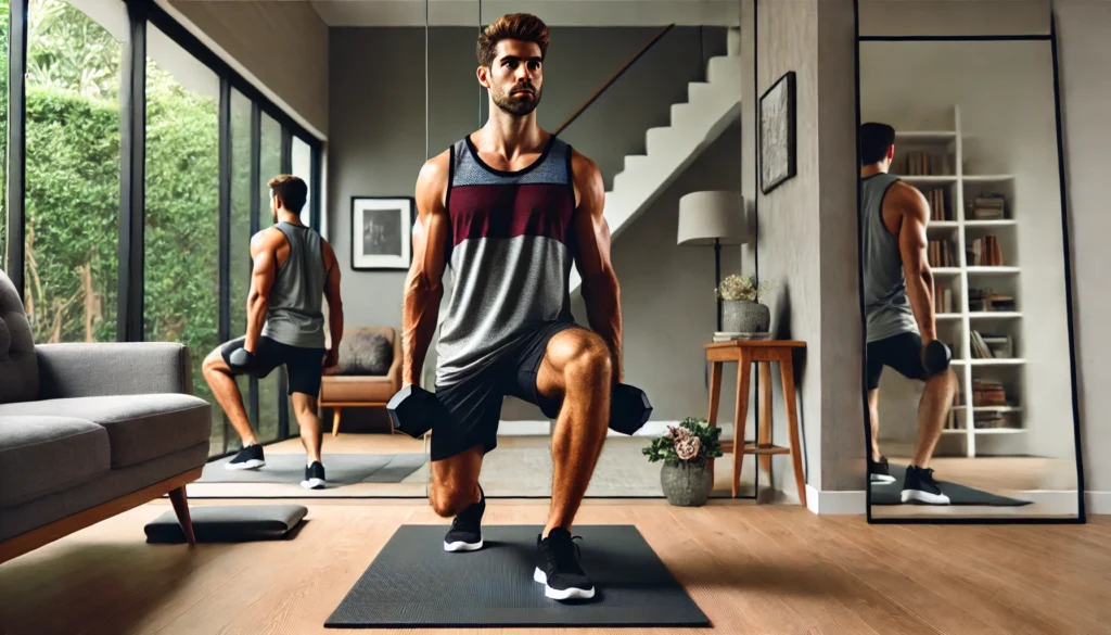 A muscular man executing dumbbell lunges in a stylish home gym with wooden flooring, a yoga mat, and a mirror reflecting his toned legs and core stability.