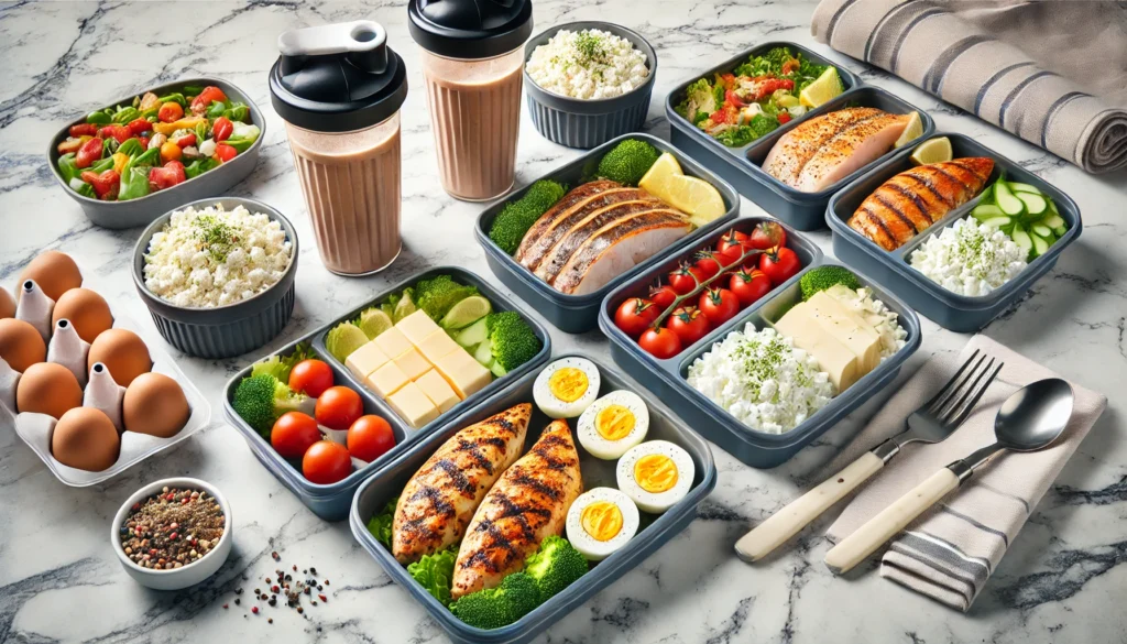 A high-resolution image of a fitness meal prep setup, showcasing grilled chicken, fish, boiled eggs, cottage cheese, and protein shakes in meal containers on a marble countertop.