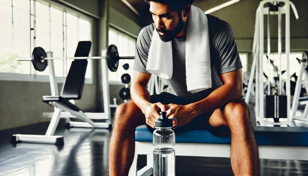 A fitness enthusiast resting on a gym bench with a towel and water bottle, highlighting hydration and recovery after intense training."