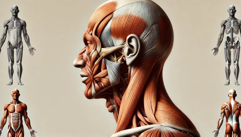 A scientifically accurate depiction of the male musculature in a side profile. The image clearly illustrates muscle structure and positioning from head to toe, designed for medical and fitness education.