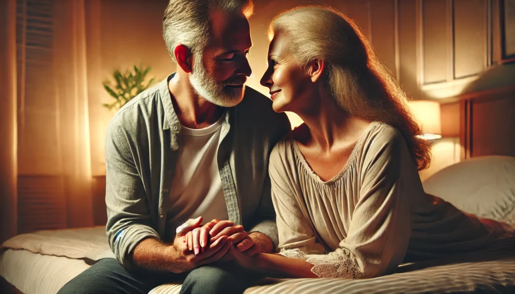 A mature couple in their 50s or 60s sits together in a softly lit bedroom, holding hands and gazing into each other's eyes with affection. The warm ambient lighting and cozy atmosphere enhance feelings of trust, closeness, and romantic intimacy, symbolizing a strong emotional and physical bond.

I will now generate the remaining two images.