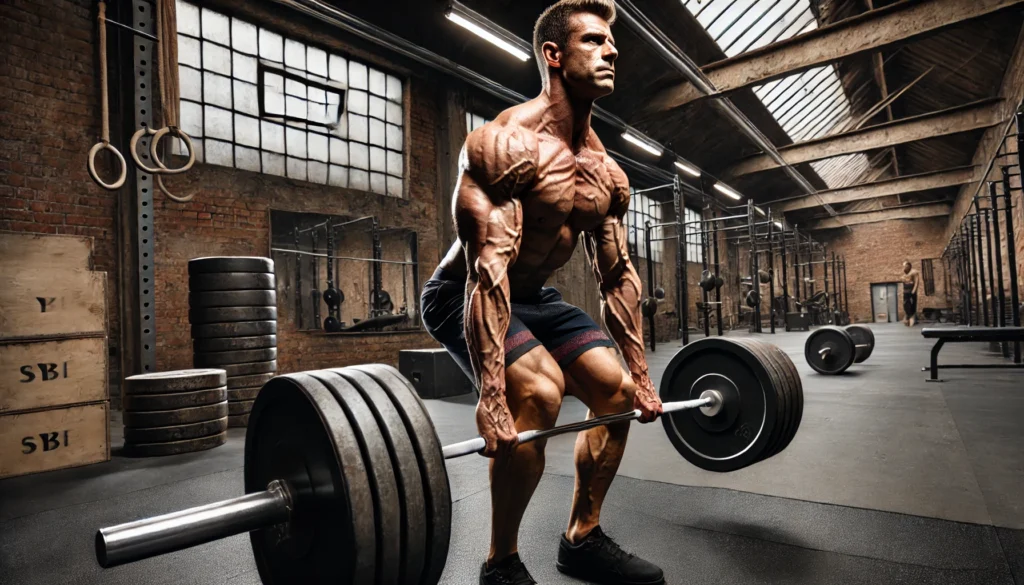 A strong man in his 40s performing a deadlift in an industrial-style gym. His muscles are visibly engaged, showcasing power and discipline. The gym’s exposed brick walls and iron plates enhance the intense training atmosphere.