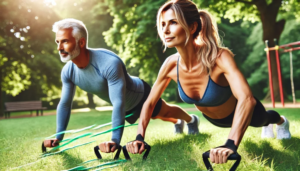 A fit middle-aged couple exercising outdoors, with the man doing push-ups and the woman using resistance bands in a lush park setting.