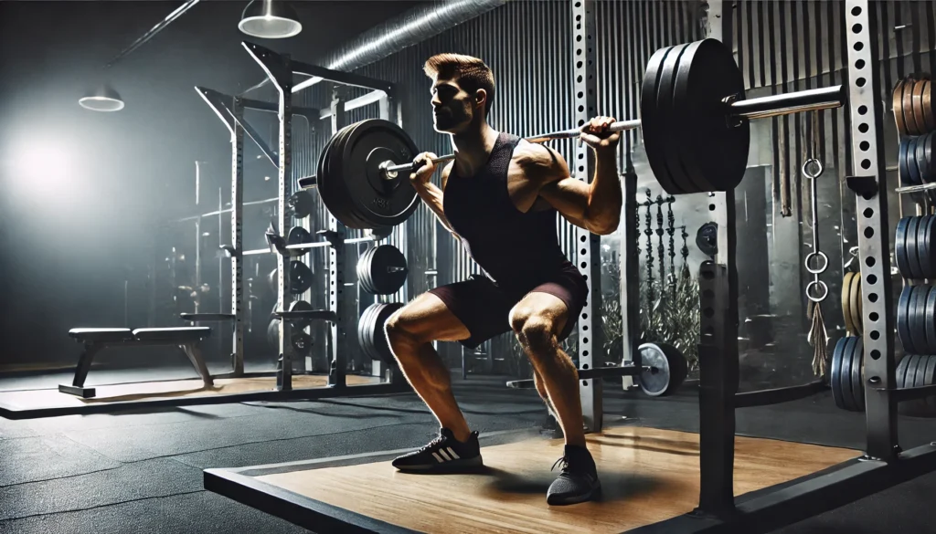 A muscular man performing squats with a loaded barbell in a high-end gym, focusing on leg and core strength. The gym setting includes squat racks, weight plates, and a powerlifting platform, with strong shadows accentuating his muscular physique.