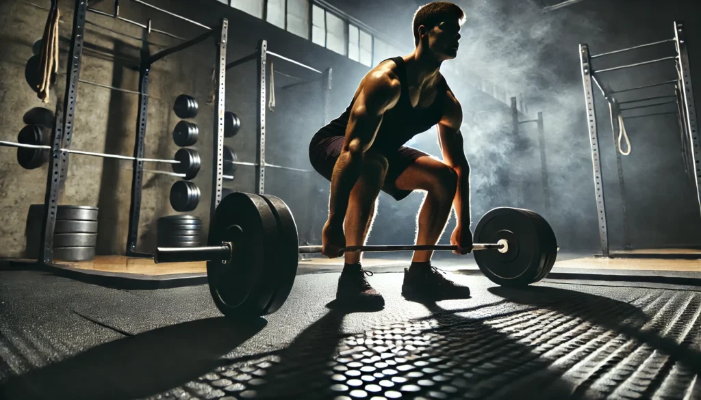 A dedicated weightlifter executing a deadlift in a dimly lit gym, surrounded by barbells and weights. The dramatic lighting enhances muscle definition and highlights raw power and focus.