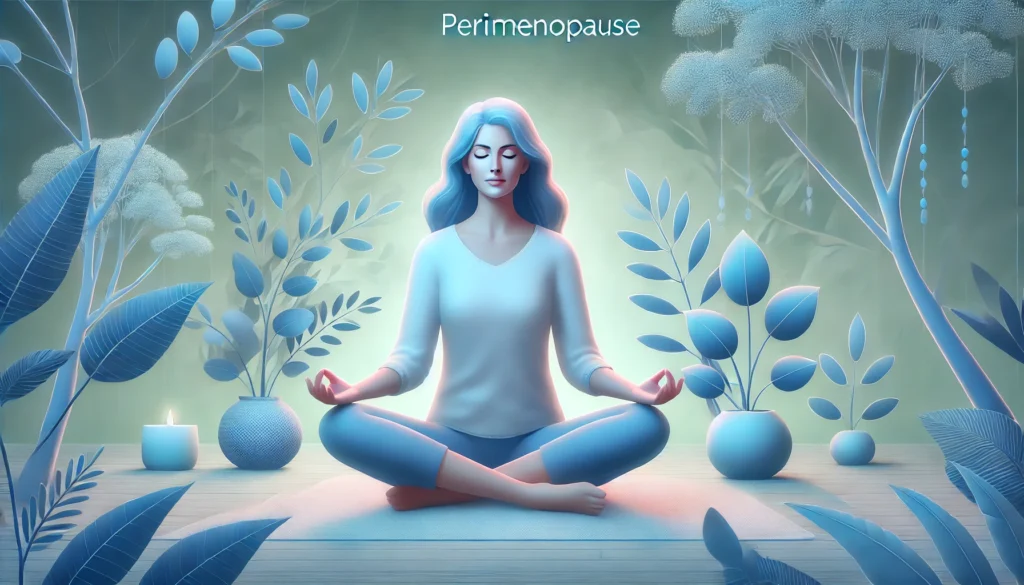  A serene and calming digital artwork of a woman practicing mindfulness and meditation to manage perimenopause symptoms. The scene is set in a tranquil environment with soft lighting, plants, and a peaceful expression on her face, symbolizing stress relief and emotional balance.