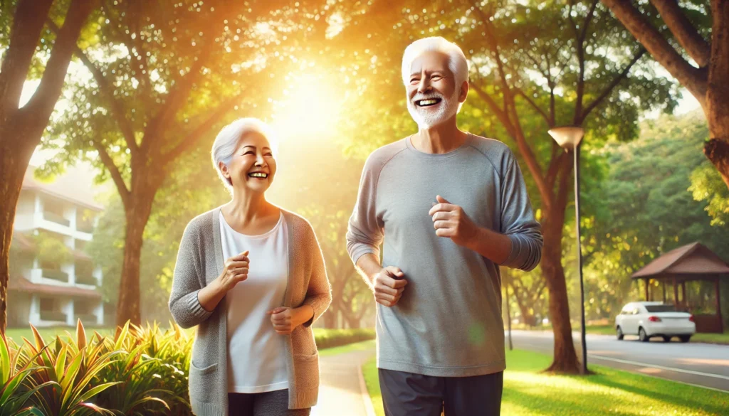 A joyful elderly couple jogging or walking briskly through a lush, sunlit park, exuding energy and happiness, symbolizing longevity, vitality, and an active lifestyle