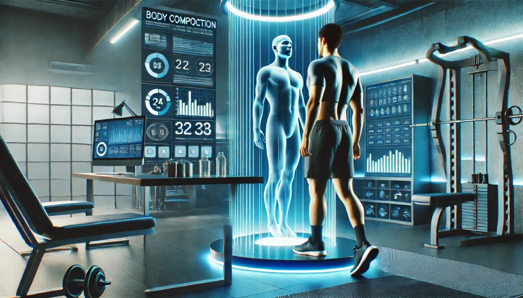 A high-tech fitness lab where an athlete undergoes a body composition scan, with real-time biometric data displayed on a digital screen, emphasizing scientific precision in health monitoring.