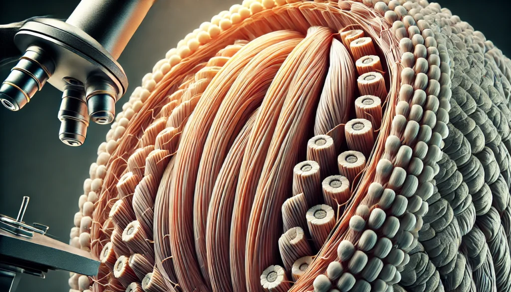 A detailed 3D-rendered illustration of muscle fibers under a microscope, showcasing the biological structure of muscle growth. The image emphasizes the role of protein in muscle repair, hypertrophy, and overall development.