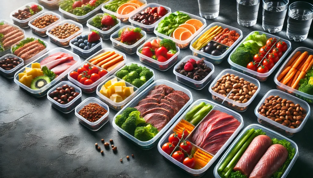 A meal prep setup featuring multiple containers with lean proteins, fresh vegetables, and complex carbohydrates, visually representing a structured diet plan for muscle gain and fat loss.