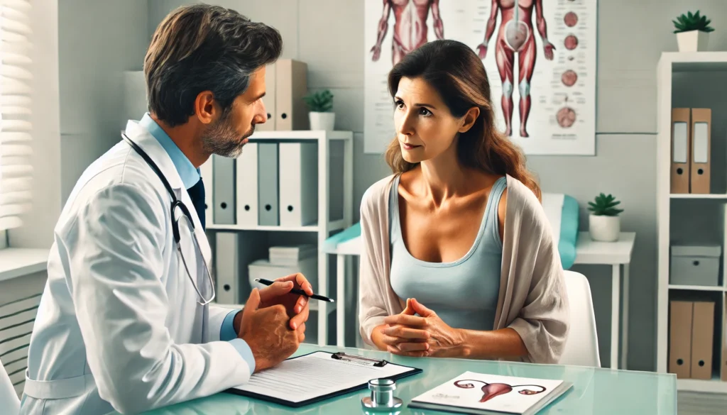 A middle-aged woman consults a doctor in a modern clinic, discussing pregnancy concerns during menopause. The doctor listens attentively, with medical charts and anatomical models in the background, highlighting reproductive health and fertility discussions.