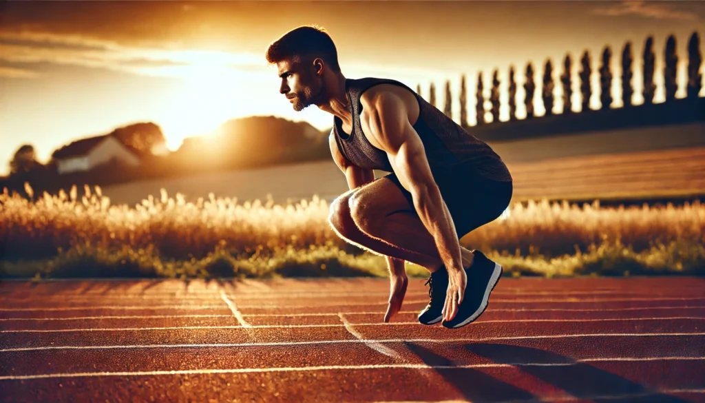 A determined man performing an intense burpee workout on a scenic outdoor track at sunrise, emphasizing full-body strength and endurance.