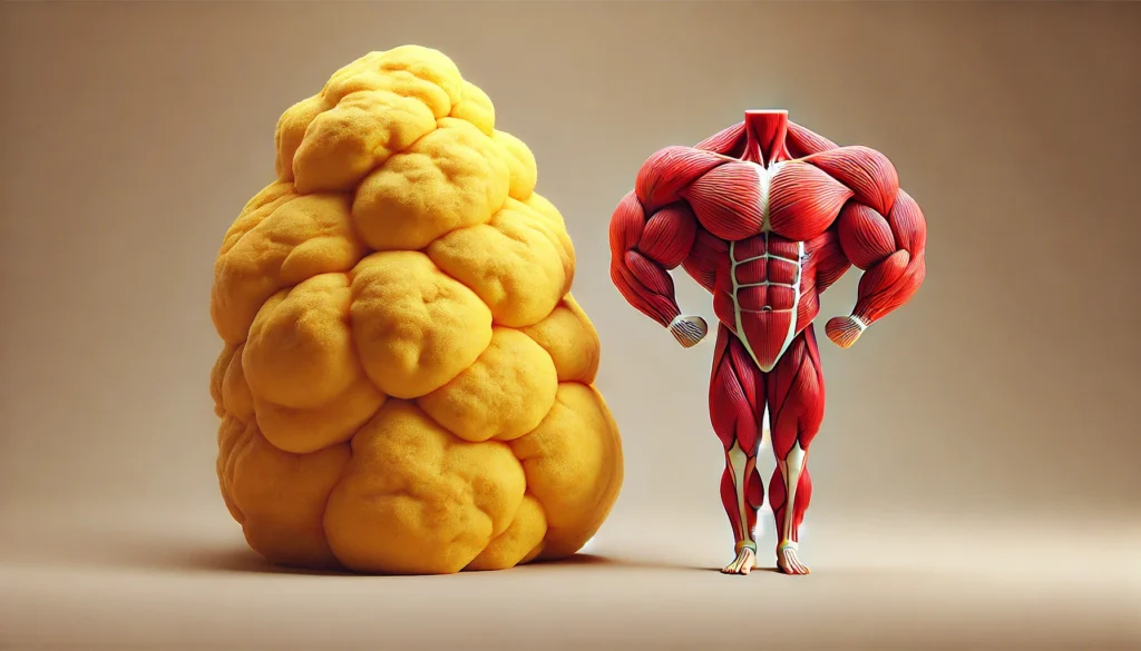 A comparison of the weight and volume of fat and muscle, with a larger, softer fat mass and a denser muscle mass.