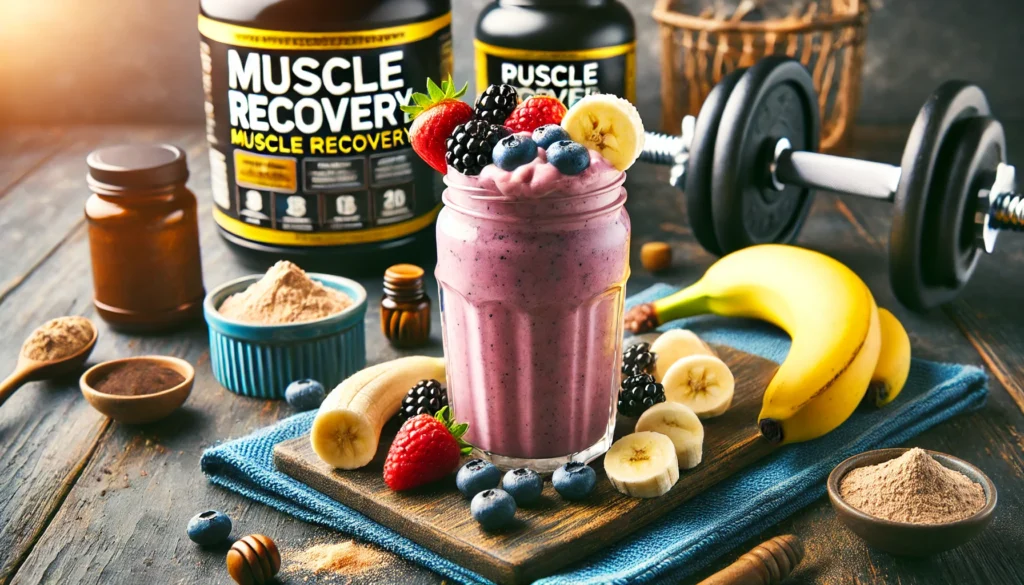 A vibrant post-workout smoothie made with protein powder, bananas, and berries, placed in a fitness setting with dumbbells and a workout mat in the background. The image represents muscle recovery and nutrition.