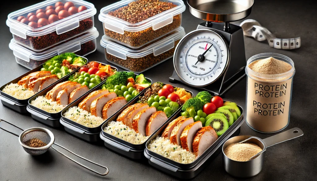 A meal prep setup focused on optimal protein intake for muscle growth, featuring neatly packed high-protein meals with chicken, quinoa, and vegetables. A measuring scale and protein scoop in the background emphasize precision in protein consumption.