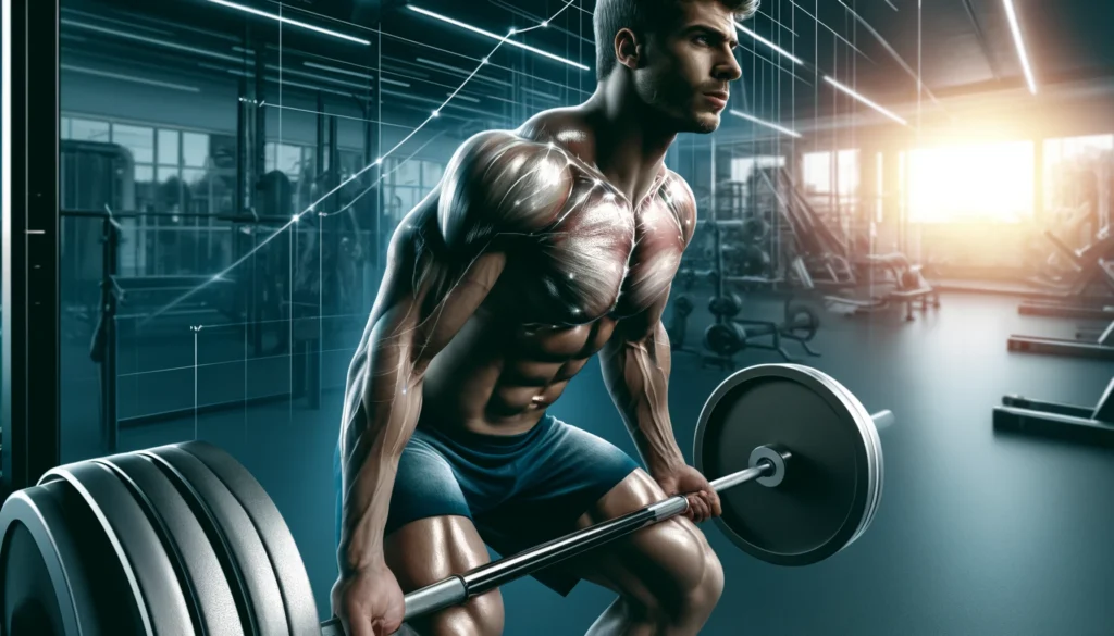 A muscular athlete performing progressive overload training in a gym, lifting heavier weights over time. The background subtly represents strength progression and the limits of muscle gain in a short period.

