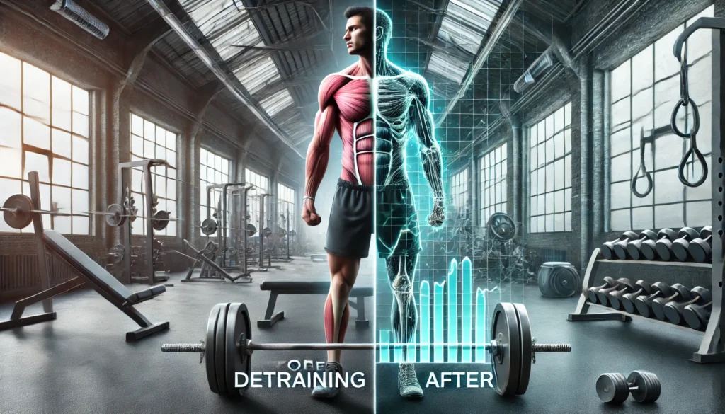 A fitness setting showing an athlete experiencing muscle loss due to inactivity, with a before-and-after comparison of strength levels. The gym background emphasizes the impact of detraining over time.