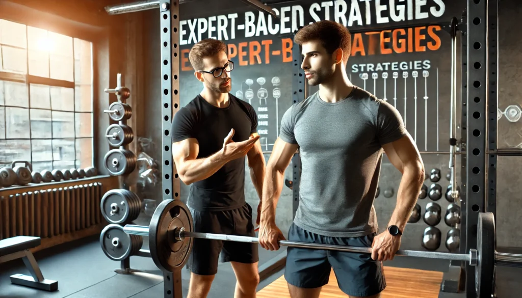 A personal trainer coaching a man in the gym, guiding him through proper weightlifting techniques for strength gains. The background emphasizes expert-backed strategies, with gym equipment and weights.