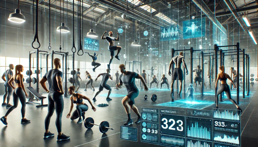 A high-performance training facility where athletes perform rigorous muscle-building exercises. The scene includes strength training, bodyweight exercises, and dynamic movement drills, all monitored by professional trainers with biometric sensors."