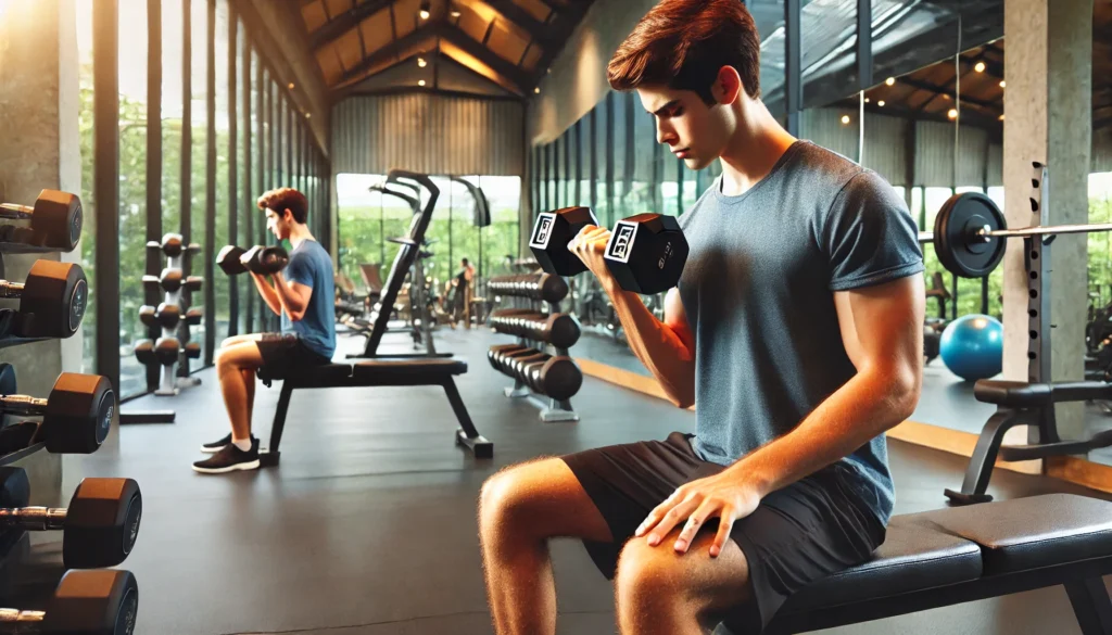 A male beginner lifting dumbbells in a gym while performing a shoulder press. The well-equipped gym environment includes weight benches, mirrors, and various training equipment, highlighting a structured strength training routine.