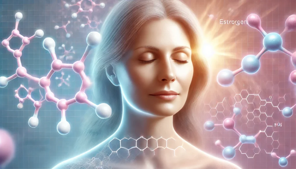 A serene middle-aged woman with a glowing aura, symbolizing hormonal balance and well-being. In the background, soft molecular structures represent estrogen and hormone replacement therapy, set against a calming color palette of pink, blue, and lavender.