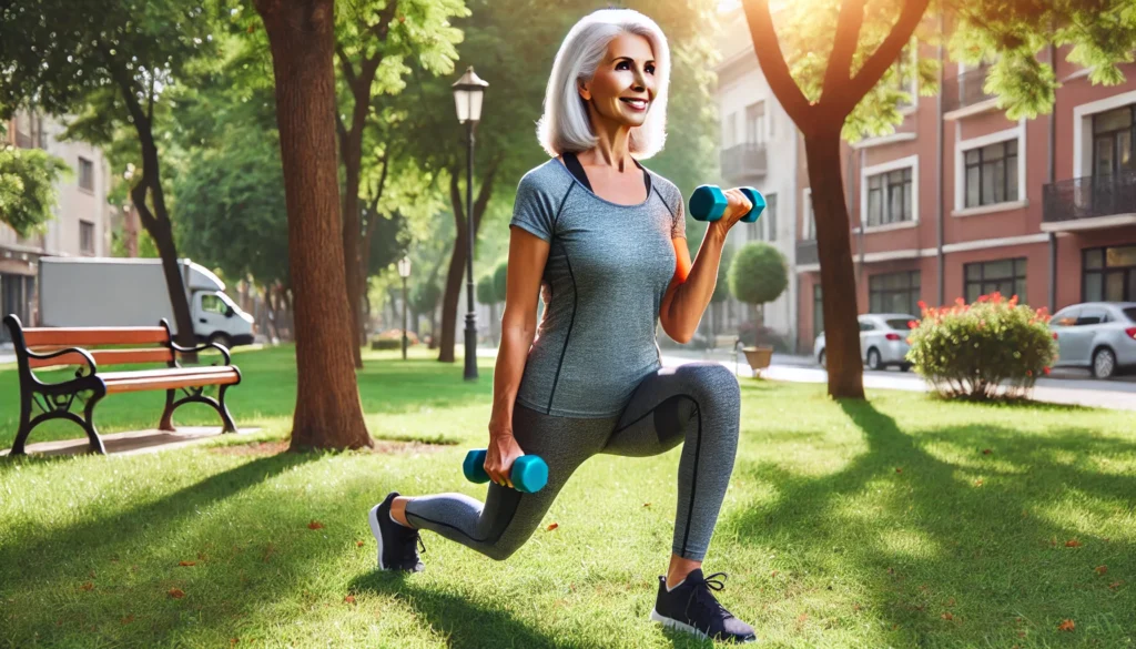  A fit elderly woman outdoors performing lunges with small dumbbells in a sunlit park. The lush greenery and warm setting highlight the benefits of outdoor weight training for osteoporosis and bone health.