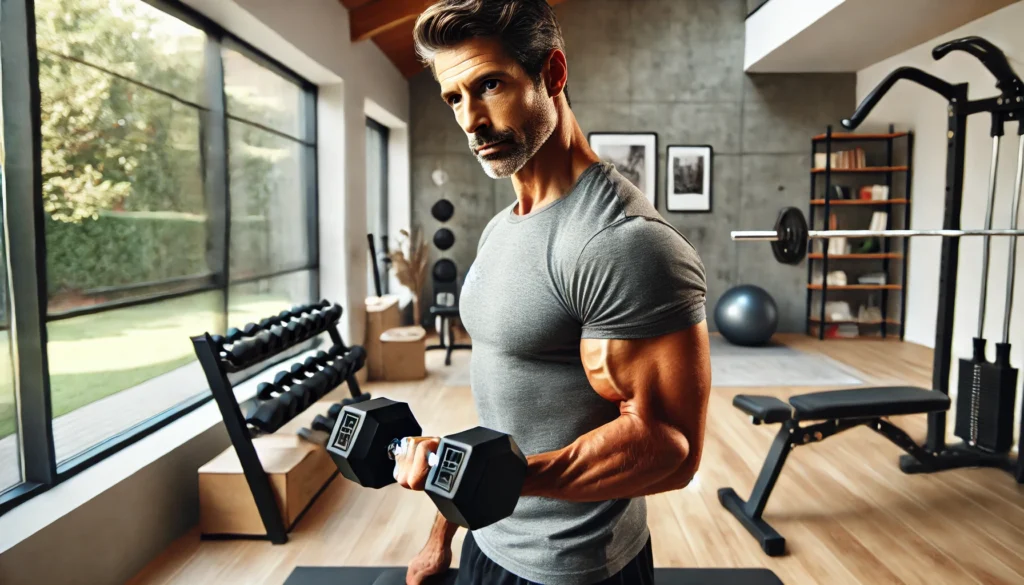 A fit middle-aged man lifting dumbbells in a modern home gym, demonstrating the convenience of strength training at home for men over 40 while maintaining focus and determination.