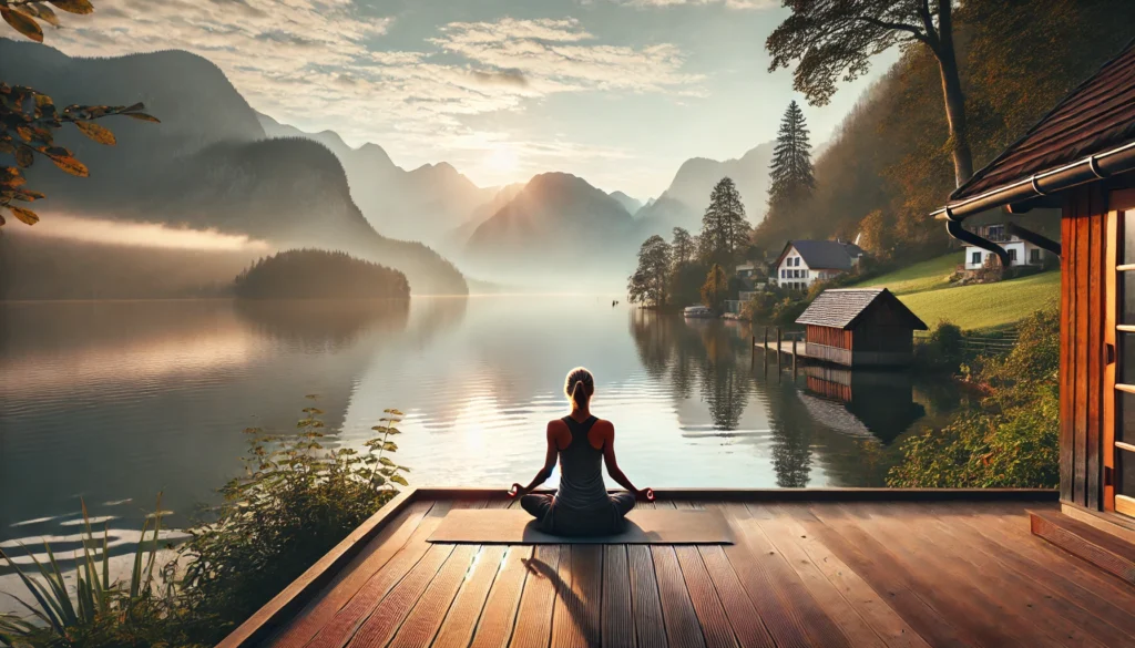 A peaceful outdoor yoga session at sunrise, where a middle-aged woman practices yoga on a wooden deck overlooking a scenic lake and mountains, highlighting the benefits of exercise for menopause relief.