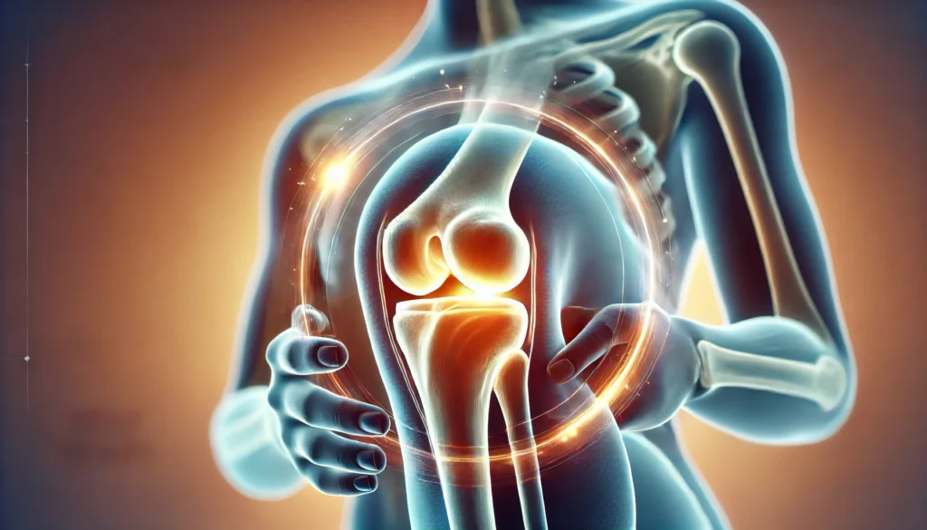 A glowing representation of knee and shoulder joints surrounded by a protective aura, illustrating smooth movement, flexibility, and healthy cartilage with a soft, natural color gradient in the background.