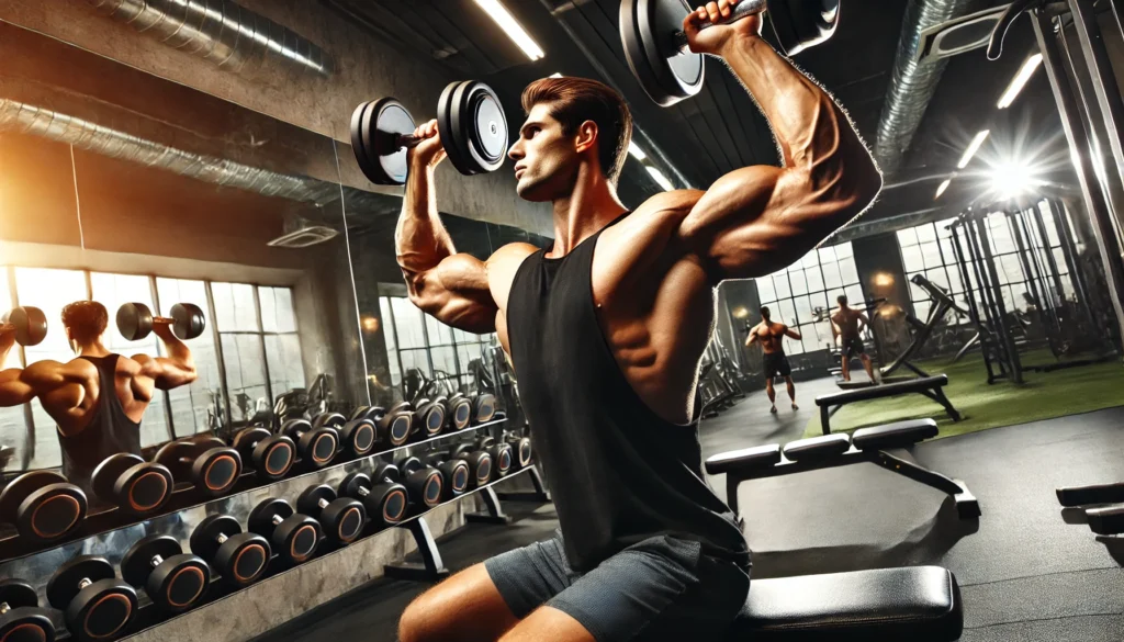 A man performing a seated dumbbell shoulder press in a natural, outdoor setting—perhaps a park or a balcony—showcasing that upper body workouts can be done in fresh air.