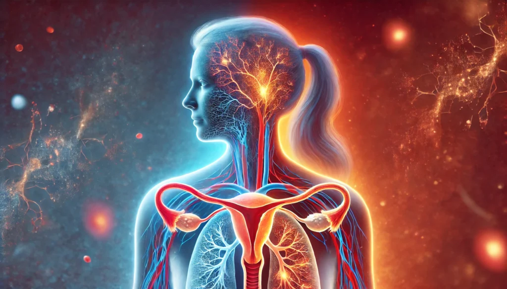 A conceptual medical illustration of a woman experiencing a hot flash, showing semi-transparent hormonal pathways. The background contrasts warm red hues symbolizing heat and cool blue tones representing relief, depicting the physiological aspects of hot flashes.