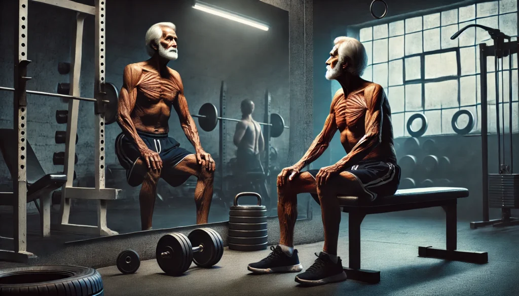 A dramatic visual of an elderly man sitting on a gym bench, looking at a mirror reflecting his younger, muscular self, symbolizing the journey from muscle atrophy to regaining strength through fitness and perseverance.