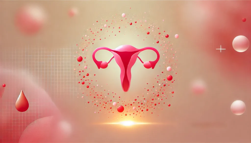 A conceptual representation of perimenopausal bleeding, featuring a soft pink and warm beige background with subtle red droplet patterns fading into the background, symbolizing irregular menstrual cycles and hormonal changes.