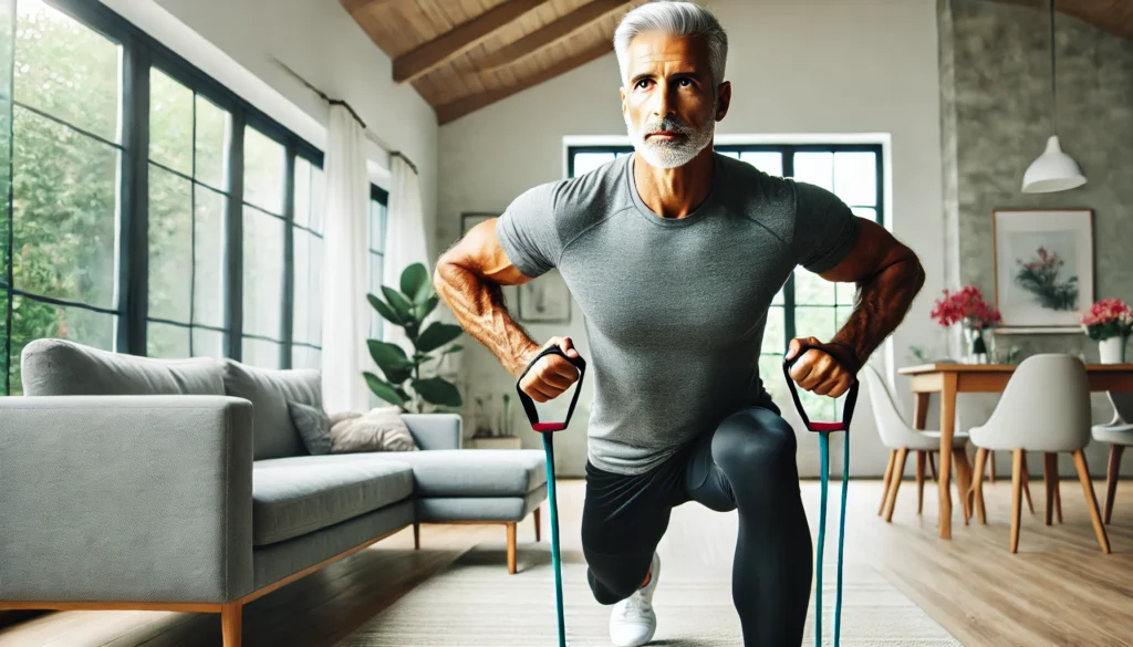 A home workout scene featuring an older man in his 50s or 60s performing resistance band exercises in a bright, modern living room, emphasizing strength training and a healthy, active lifestyle.